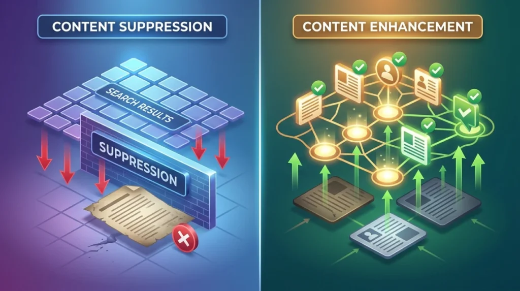 How do content suppression and content enhancement differ when evaluating long-term effectiveness?