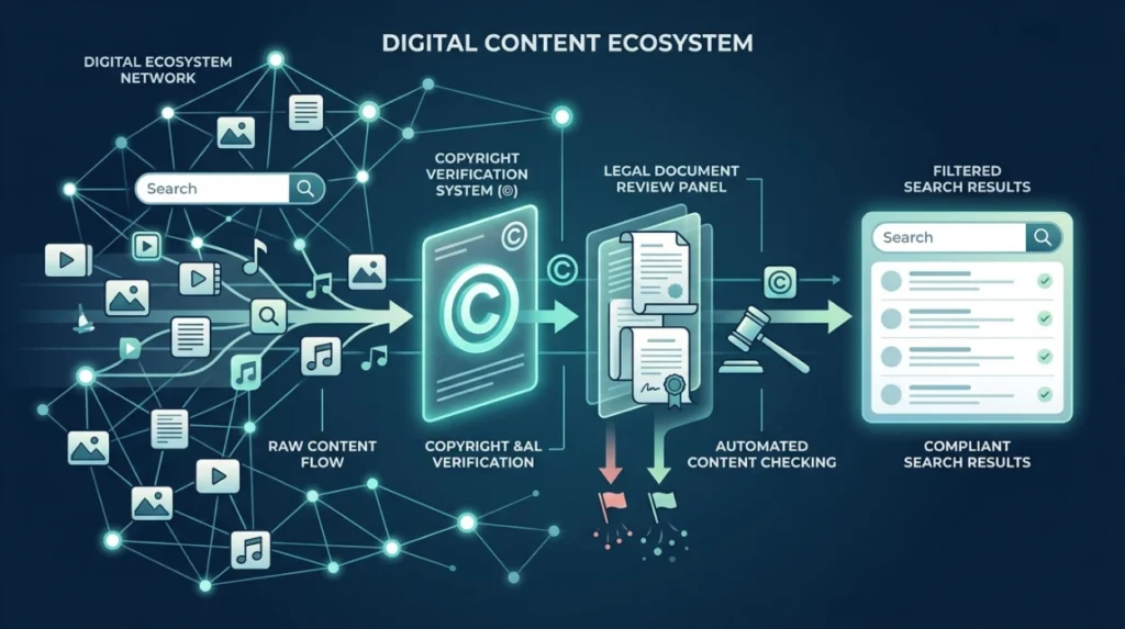 How do copyright claims operate within search ecosystems?