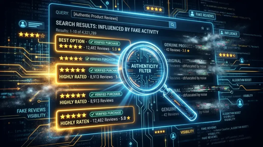 How do fake reviews influence search visibility?