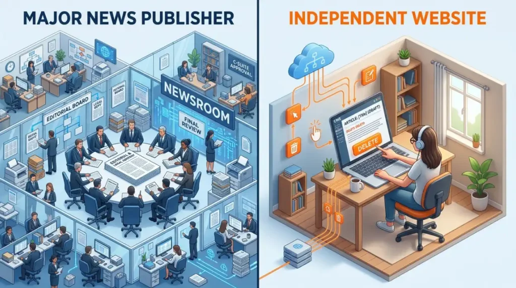 How do news publishers manage article removal differently from independent websites?