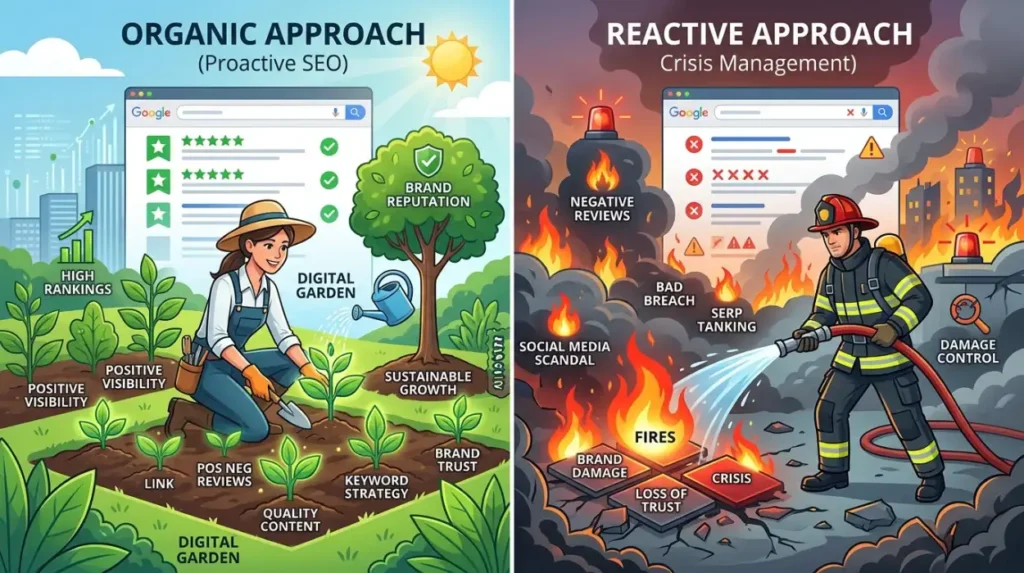 How do organic and reactive approaches differ in search reputation management?