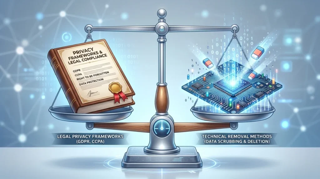 How do privacy frameworks compare with technical removal methods?