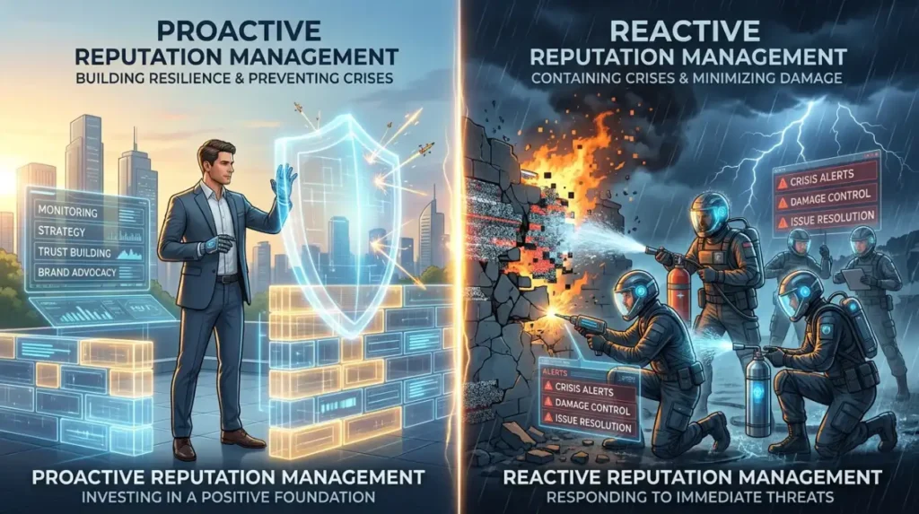 How do proactive and reactive reputation management methods differ?