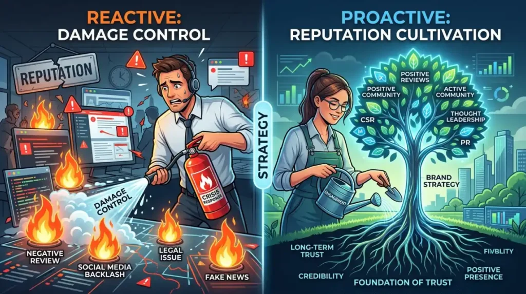 How do reactive and proactive reputation management approaches compare?