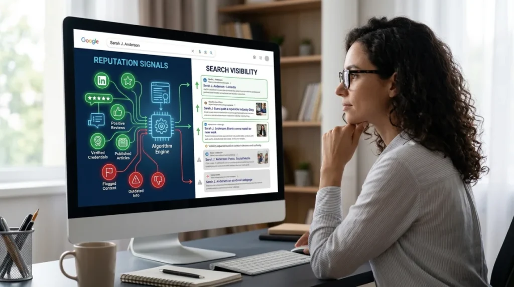 How do reputation signals influence personal information search visibility?