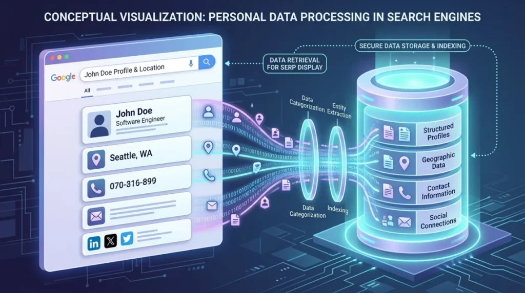 How do search engines store and display personal data in SERPs?