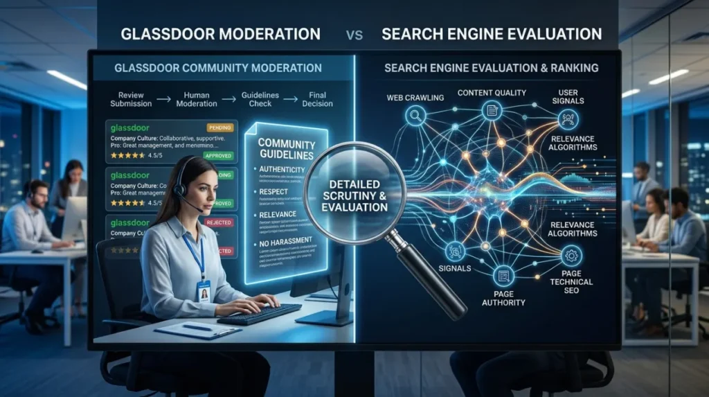 How does Glassdoor moderation compare with general search engine evaluation?