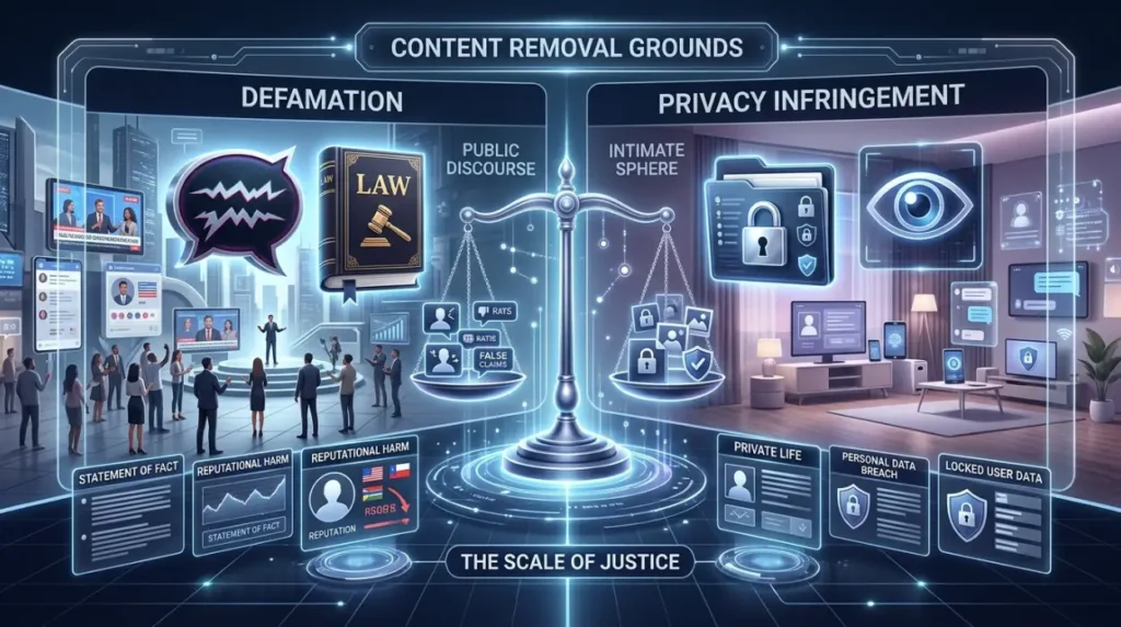 How does defamation compare with privacy infringement as a removal ground?