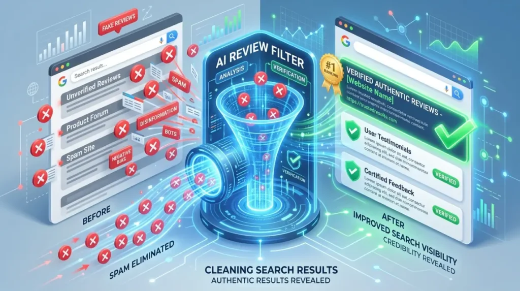 How does fake review suppression improve search visibility outcomes?