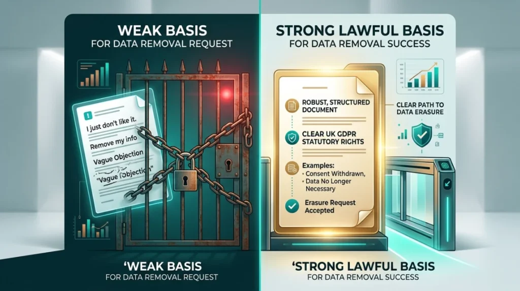 How does lawful basis affect the success of removal requests?