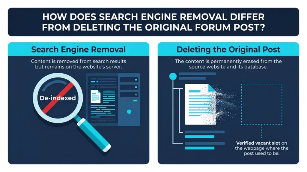 How does search engine removal differ from deleting the original forum post?