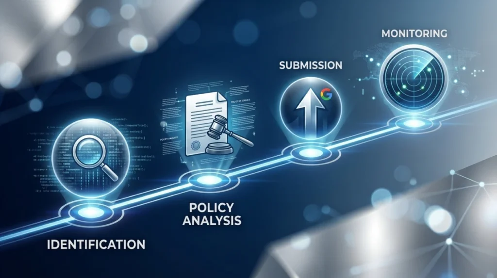 What are the key stages in the Google review removal process?