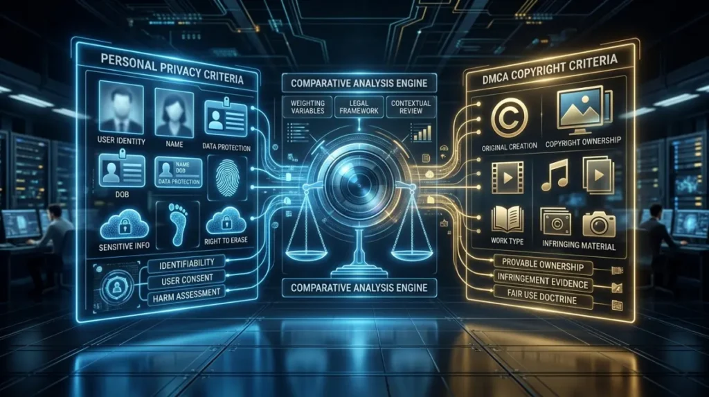 Which Evaluation Criteria Separate Privacy Requests From DMCA Notices?