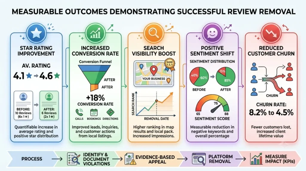 Which measurable outcomes demonstrate successful review removal?