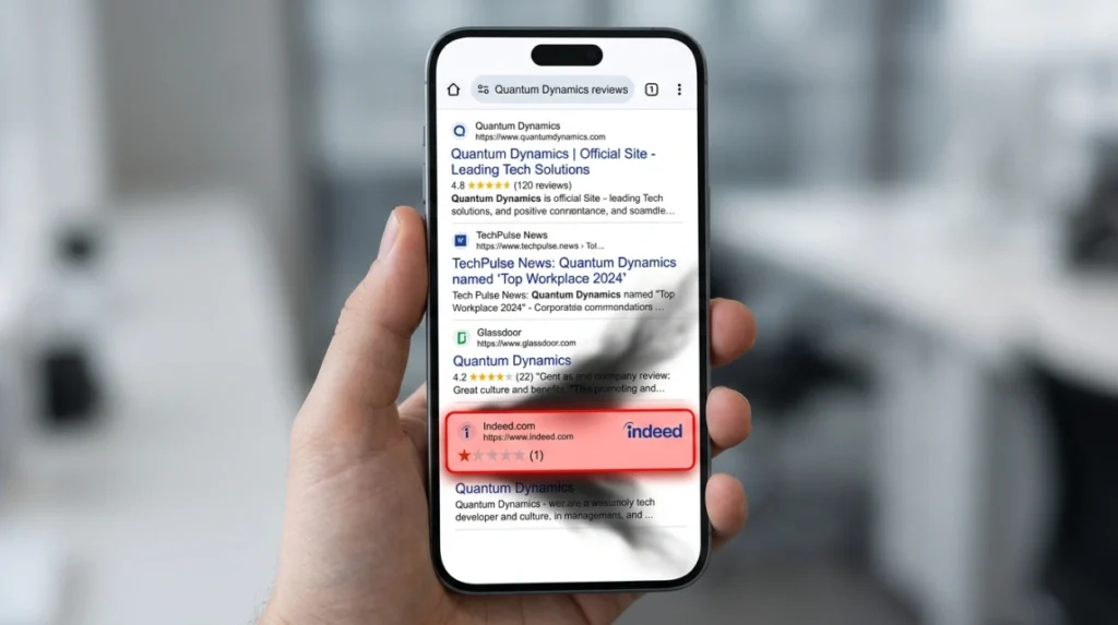 How can a harmful Indeed review affect search reputation?