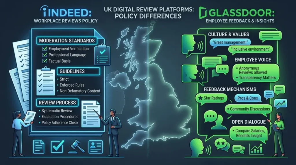 How do Indeed and Glassdoor review moderation systems differ?