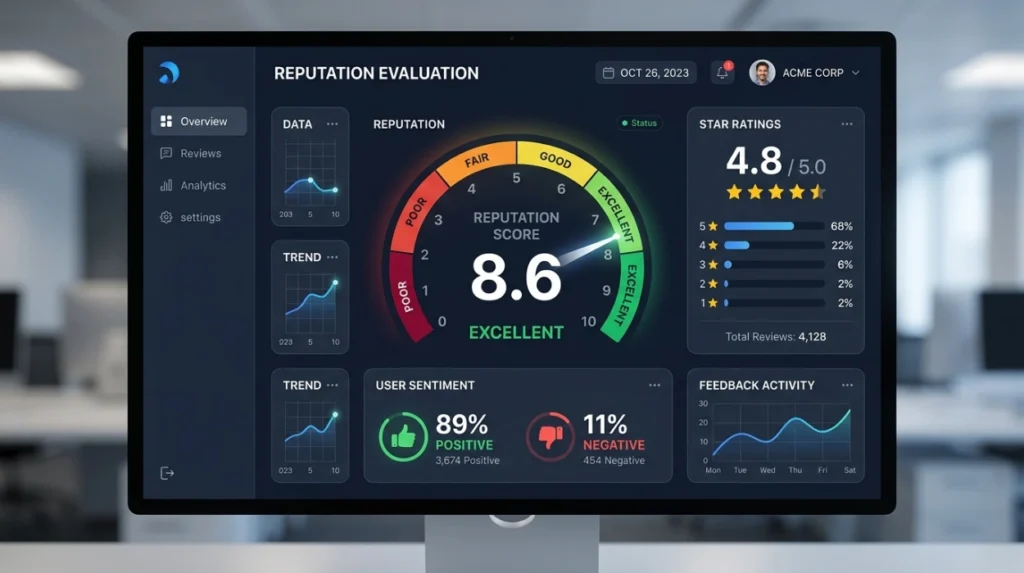 How do reviews and sentiment contribute to reputation evaluation?