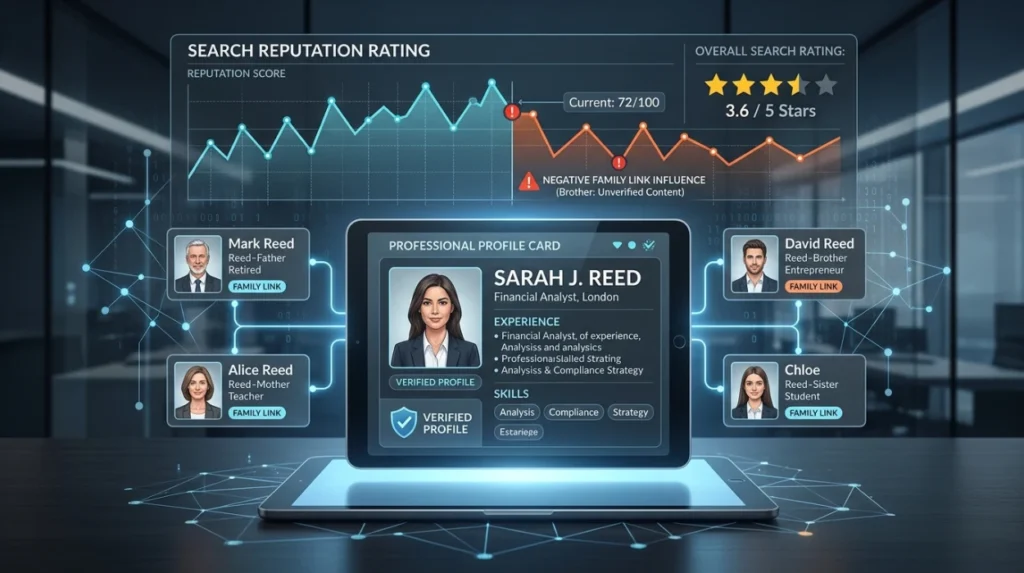 How does linked family information affect search reputation?