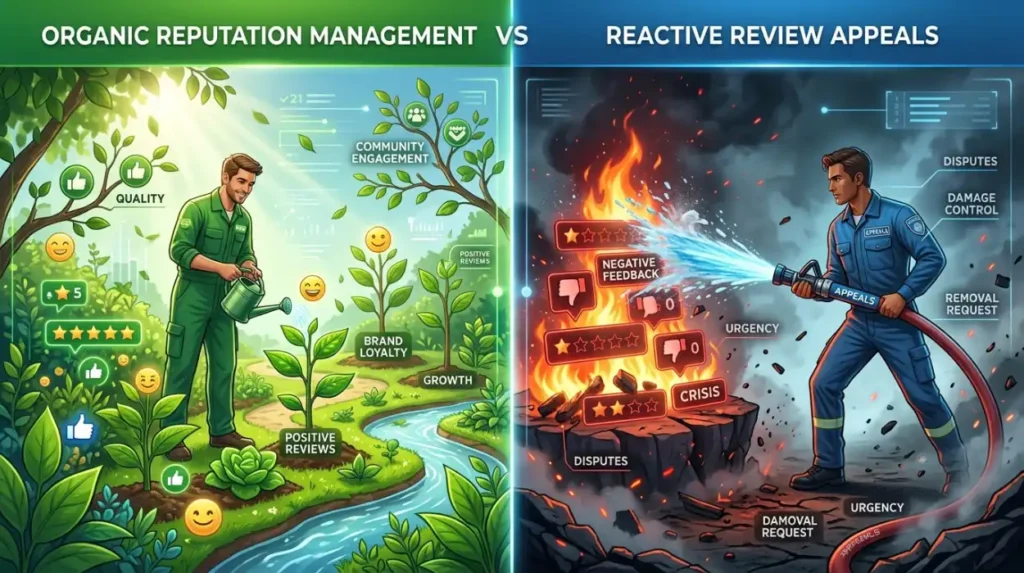 How does organic reputation management compare with reactive review appeals?