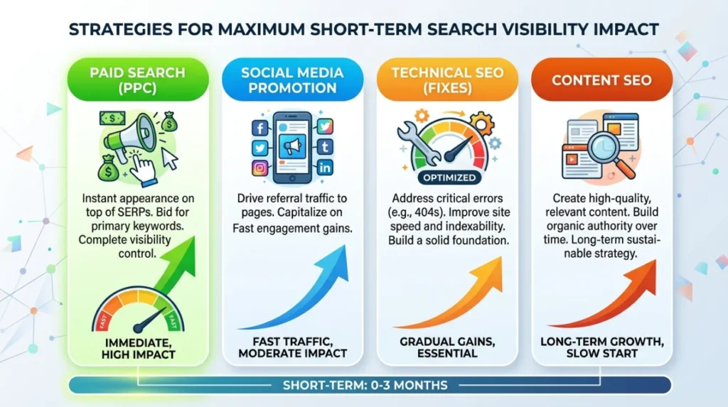 Which approach has the strongest short-term impact on search visibility?