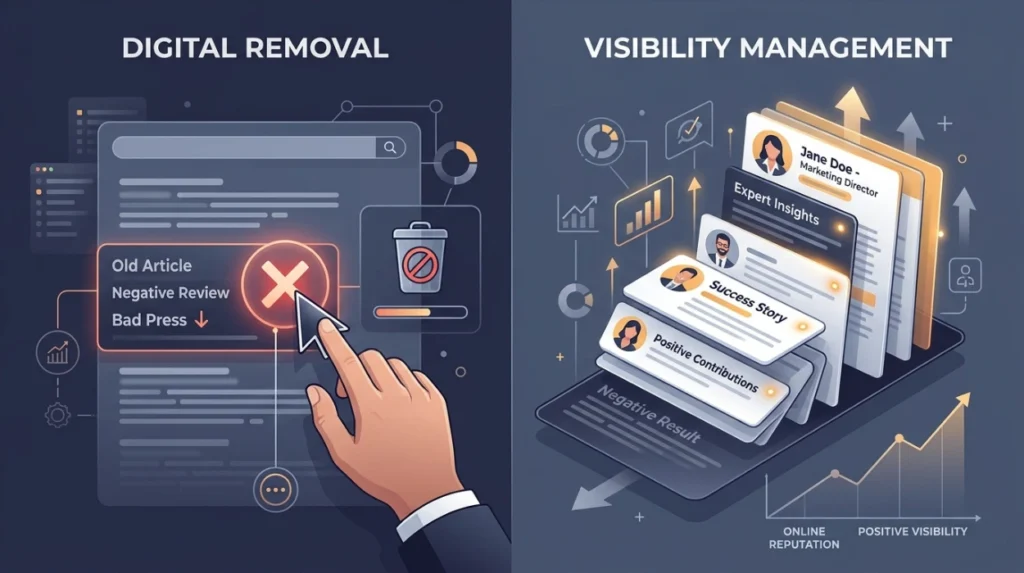 Which approach provides better short-term results: removal or search visibility management?