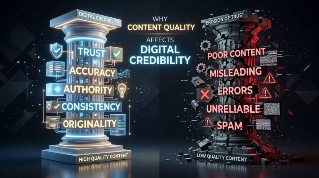 Why does content quality affect digital credibility?