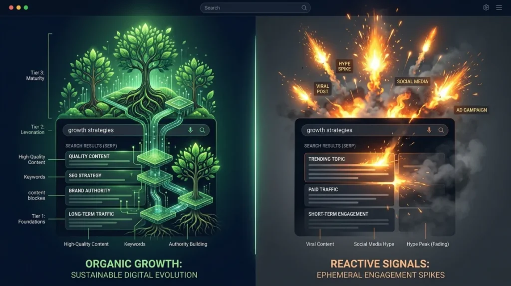 How do organic and reactive approaches affect search visibility?
