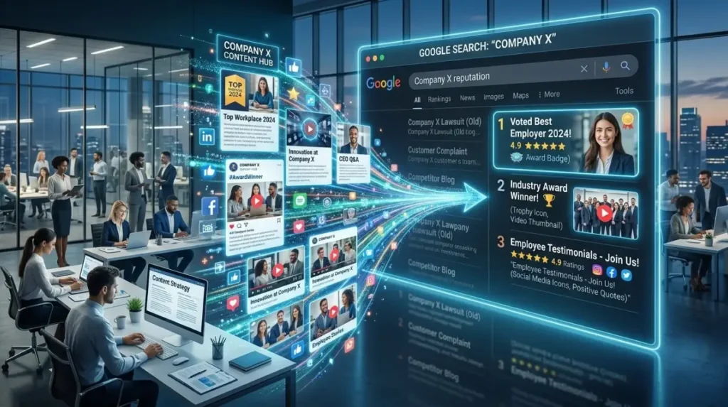 How does employer content influence search perception?