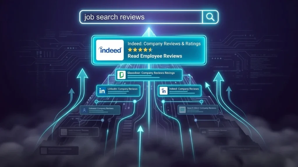 How does search ranking influence the visibility of an Indeed review?