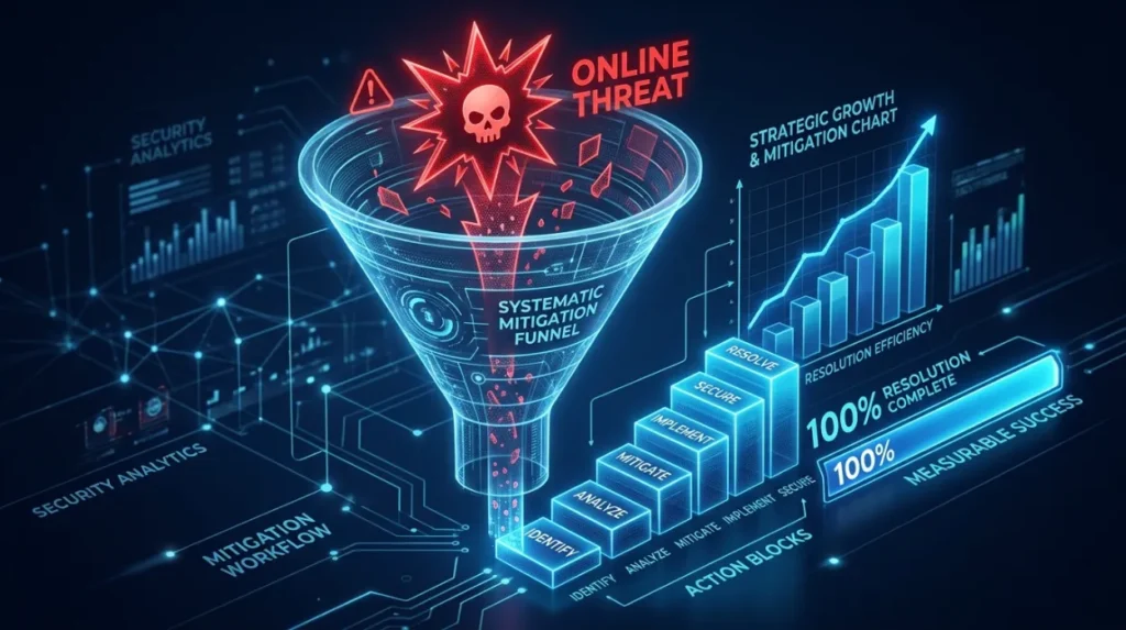 How does the monitoring process turn online threats into measurable action?