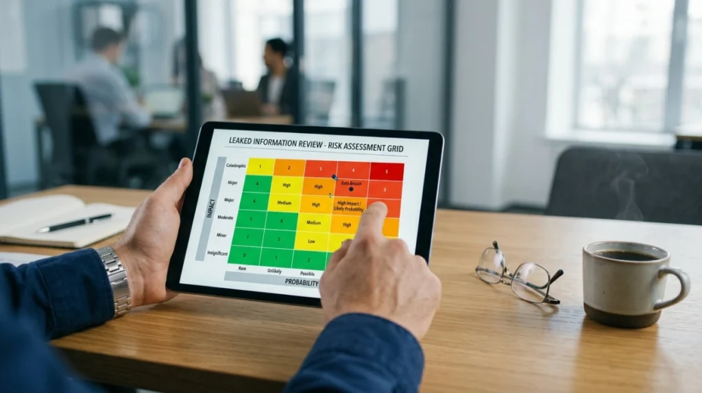 How should an organisation evaluate the risk of a leaked-information review?