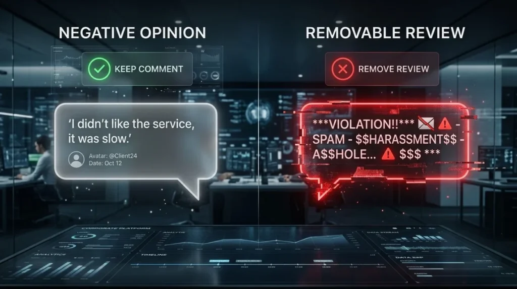 What is the difference between a negative opinion and a removable review?