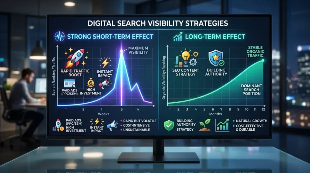 Which approach has a stronger short-term effect on search visibility?