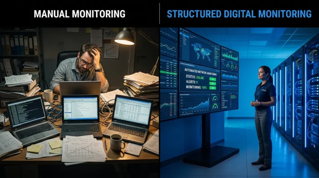 Which approach scales better: manual checking or structured monitoring?