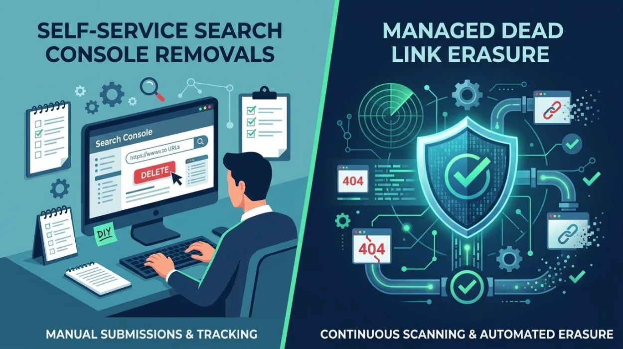 Comparing Self-Service Search Console Removals vs. Managed Dead Link Erasure