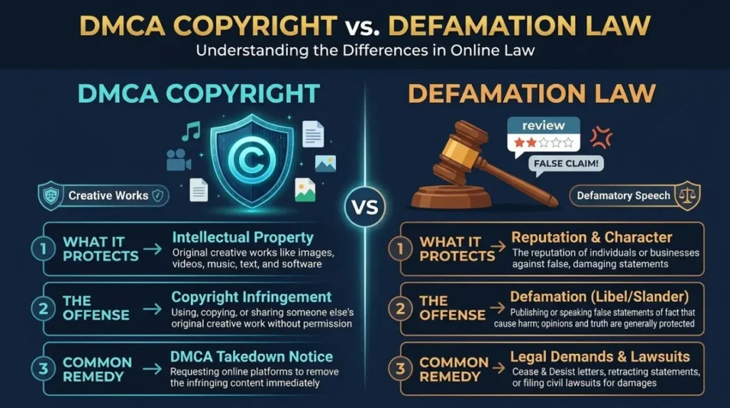 Do DMCA takedown notices apply to negative reviews and defamatory content?