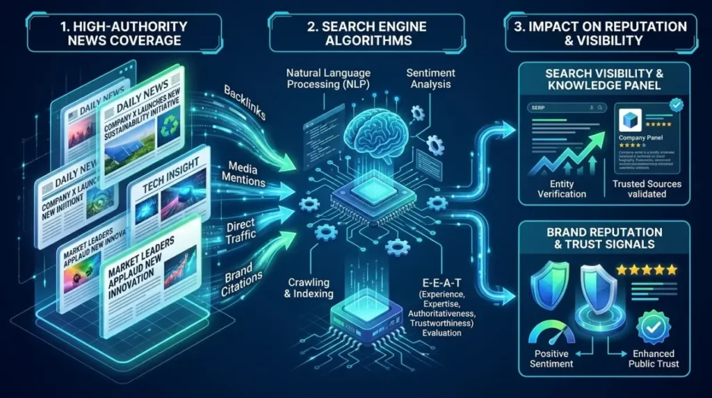 How do news articles influence search engine reputation signals?