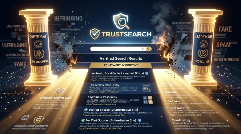 How does copyright and trademark enforcement strengthen search perception influence?
