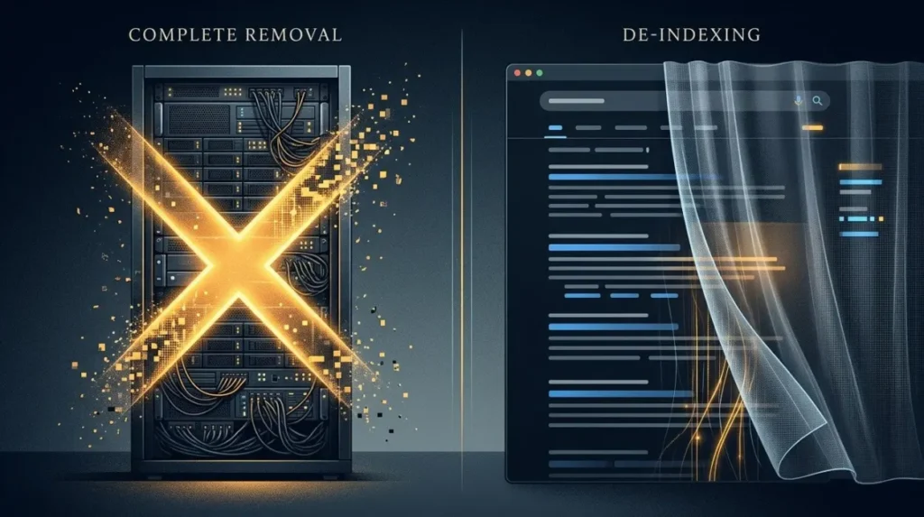 How does search de-indexing compare with removing the original article?