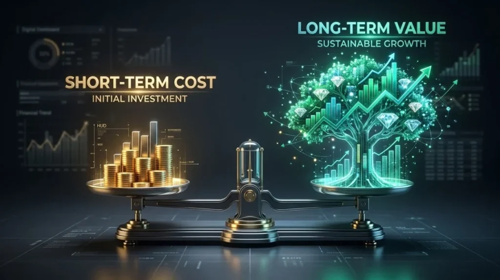 How should a business assess cost against long-term value?