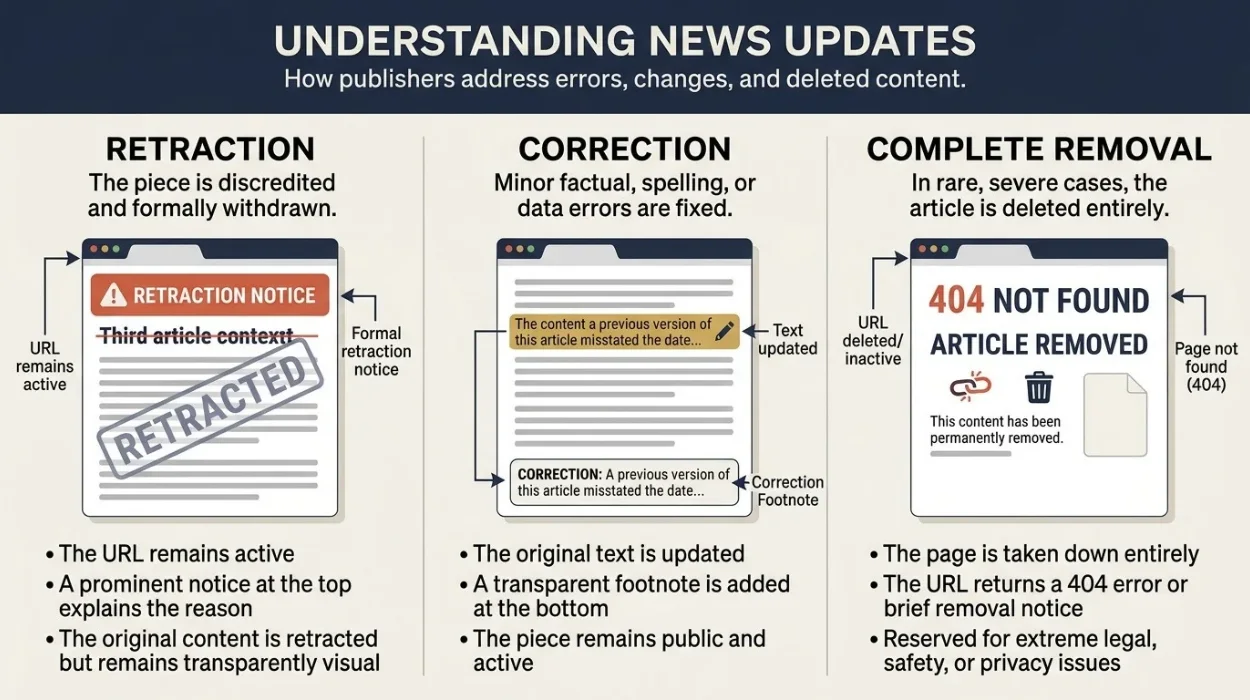 The Difference Between a News Retraction, Correction, and Complete Article Removal